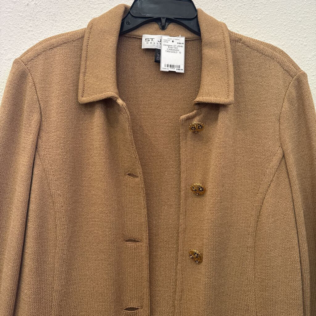 ST.JOHN,KNIT LONG CARDIGAN ,TAN/GOLD ,12