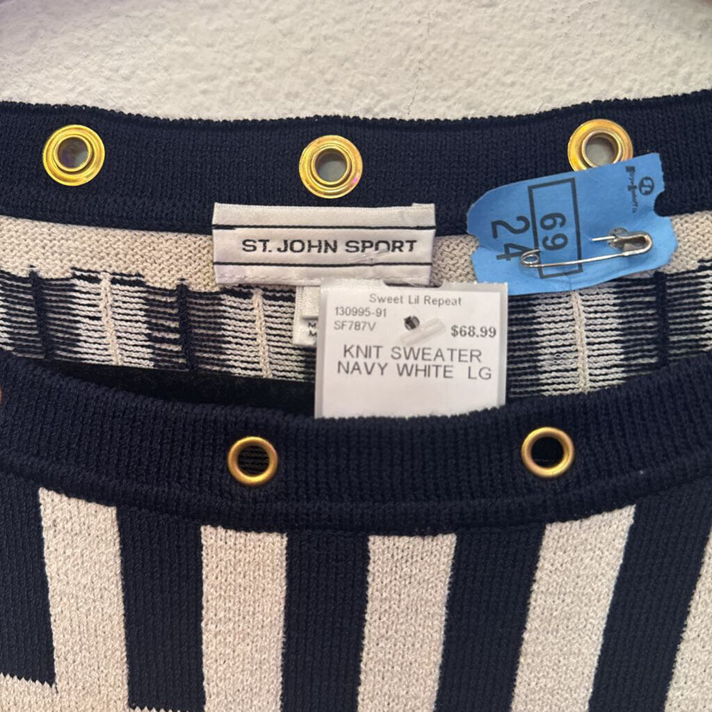 ST. JOHN,KNIT SWEATER ,NAVY WHITE ,LG