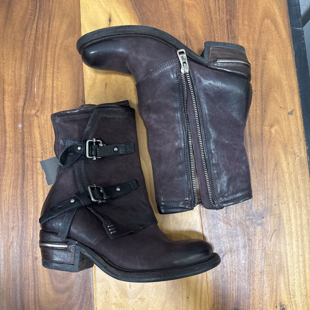 A.S.98,LEATHER BUCKLE ZIP BOOT,WINE ,6