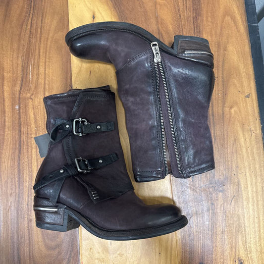 A.S.98,LEATHER BUCKLE ZIP BOOT,WINE ,6