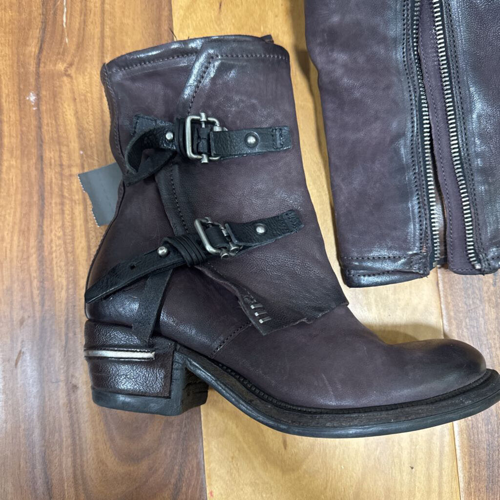 A.S.98,LEATHER BUCKLE ZIP BOOT,WINE ,6