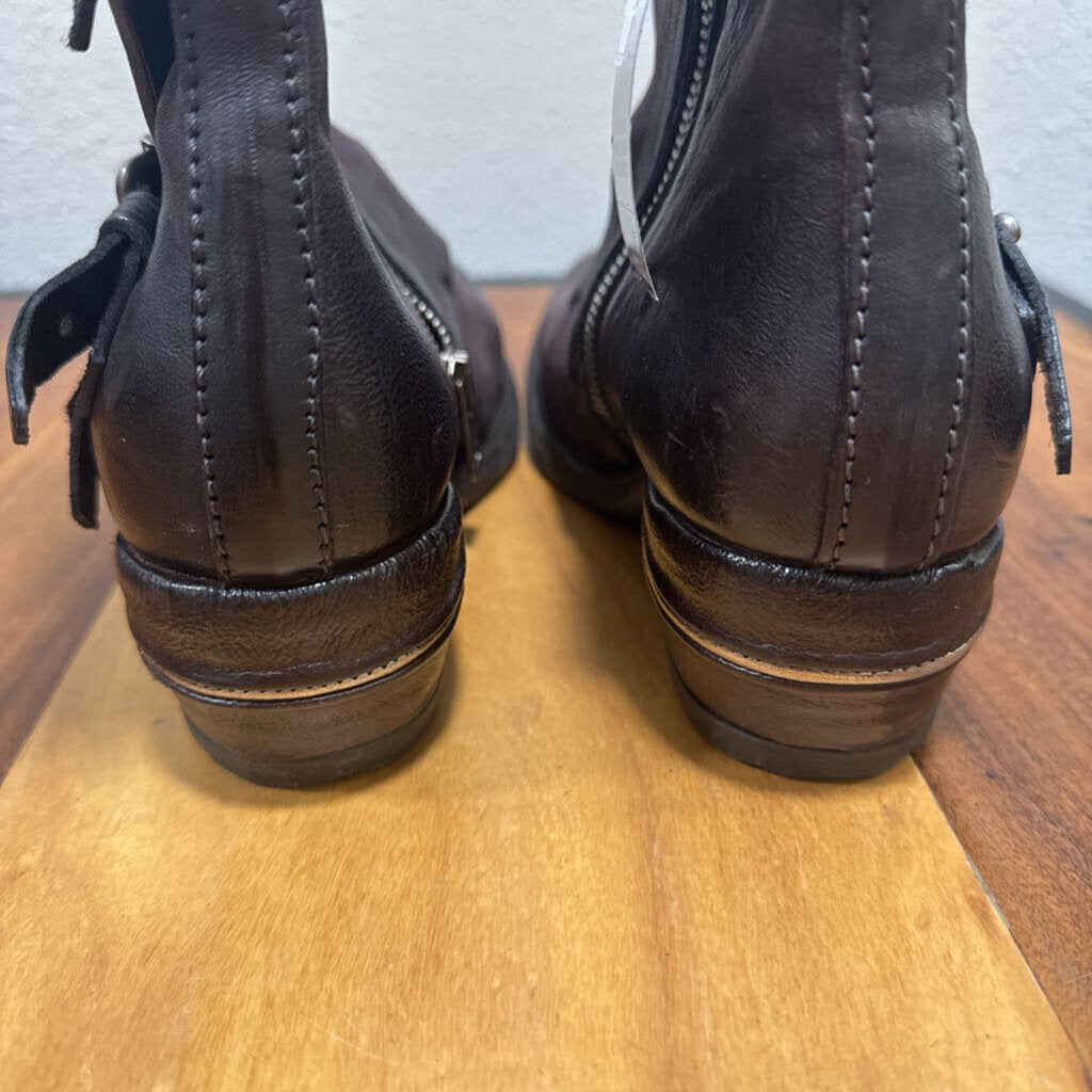 A.S.98,LEATHER BUCKLE ZIP BOOT,WINE ,6