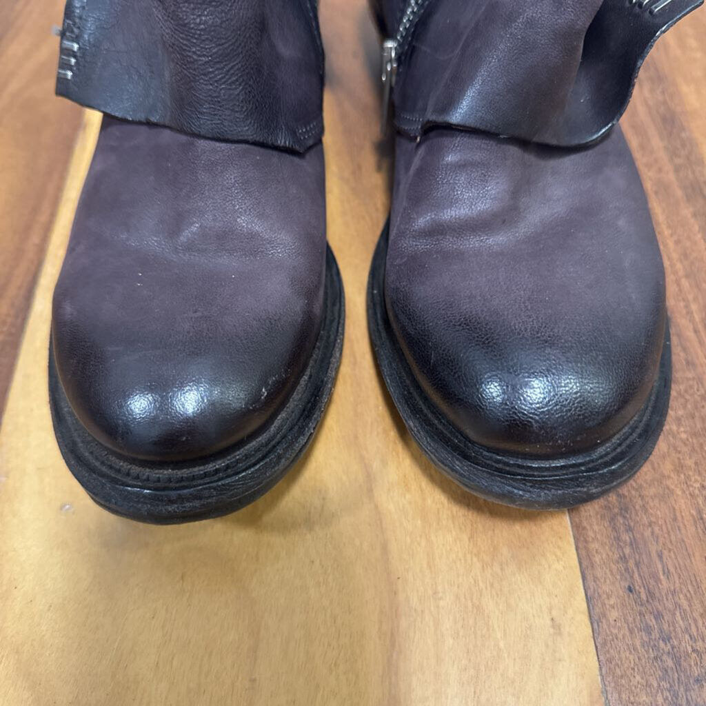 A.S.98,LEATHER BUCKLE ZIP BOOT,WINE ,6