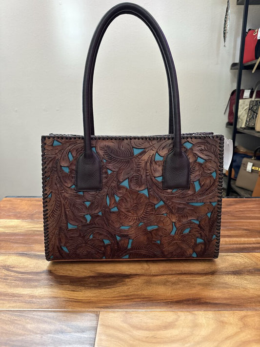 JUAN ANTONIO,HAND TOOLED INLAY LEATHER TOTE ,BRN/TUR