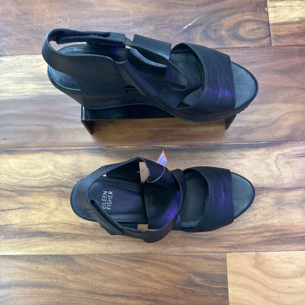 EILEEN FISHER,LEATHER WEDGE ,BLK ,8.5