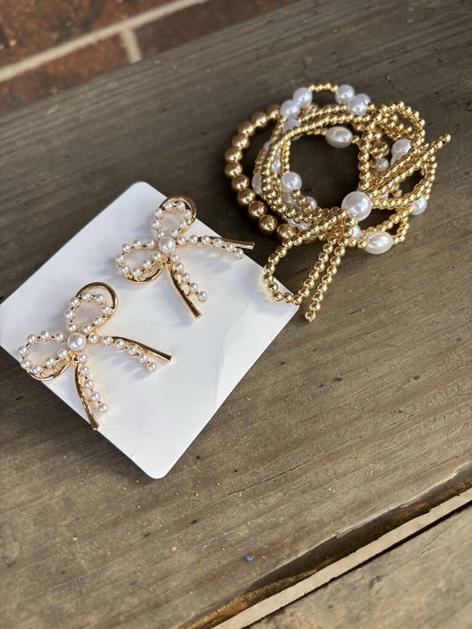 LOVEYOURWHY,NEW PEARL BOW EARRINGS/BRAC SET,GOLD/WHITE
