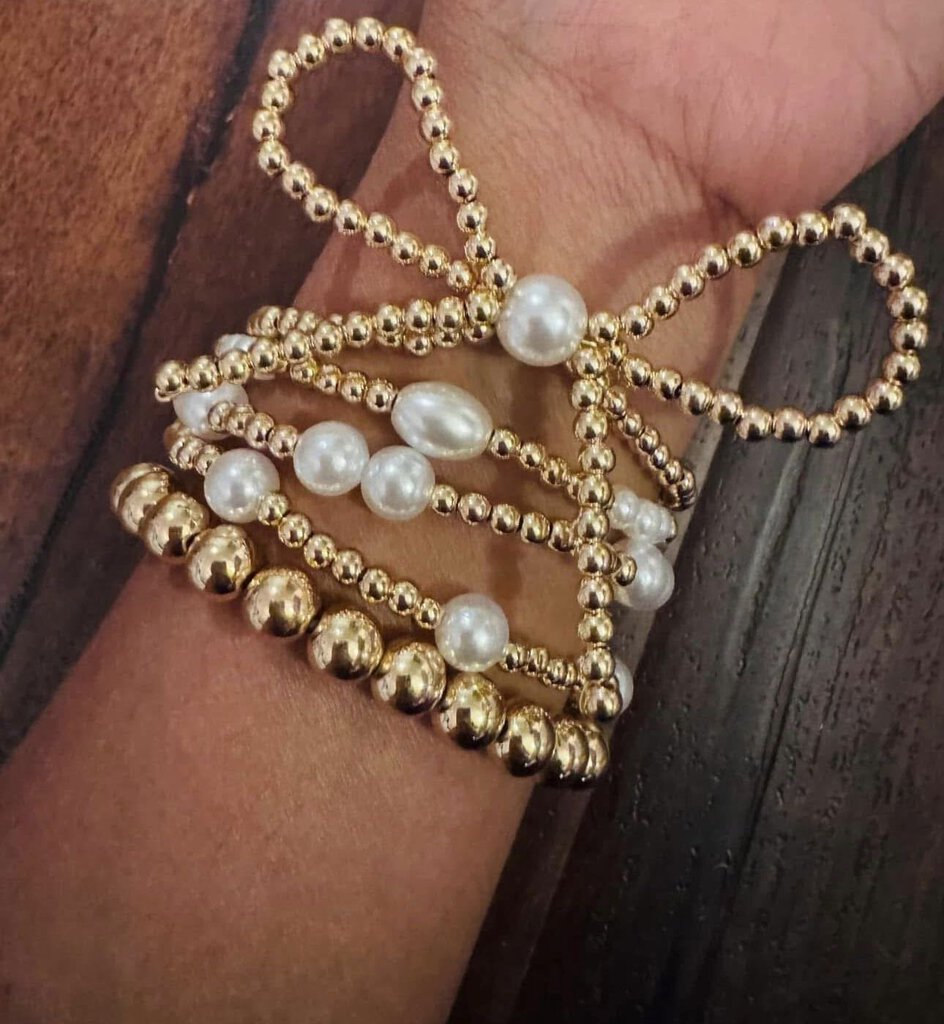 LOVEYOURWHY,NEW PEARL BOW 5PC BRACELETS,GOLD/WHITE