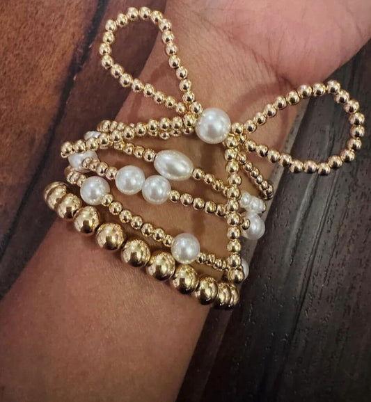 LOVEYOURWHY,NEW PEARL BOW 5PC BRACELETS,GOLD/WHITE