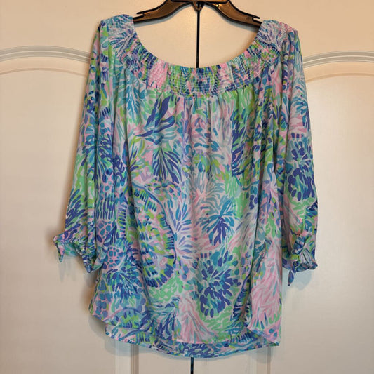 LILLY PULITZER,SHEER PATTERNED LONGSLVE TOP ,MULTI,XS