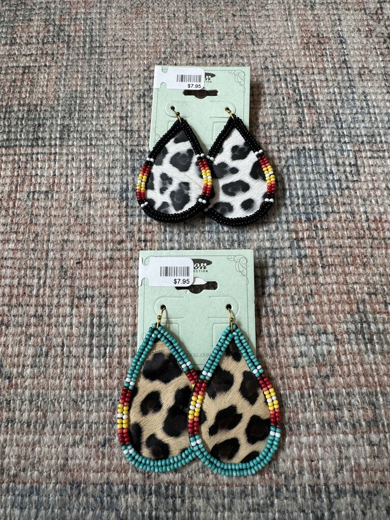 BEADED ANIMAL PRINT EARRINGS ,COWPRINT