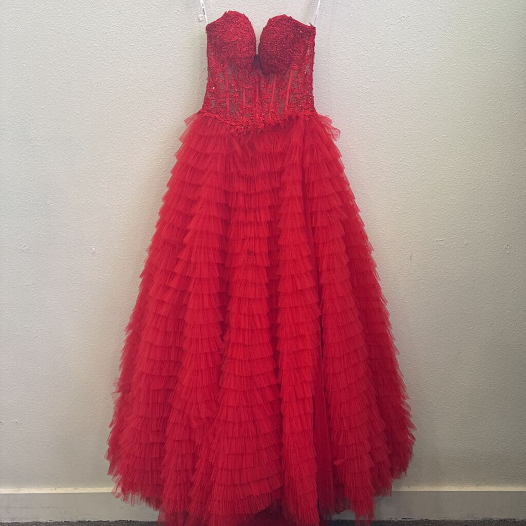 SHERRI HILL,FORMAL LACE TULLE DRESS ,RED ,8
