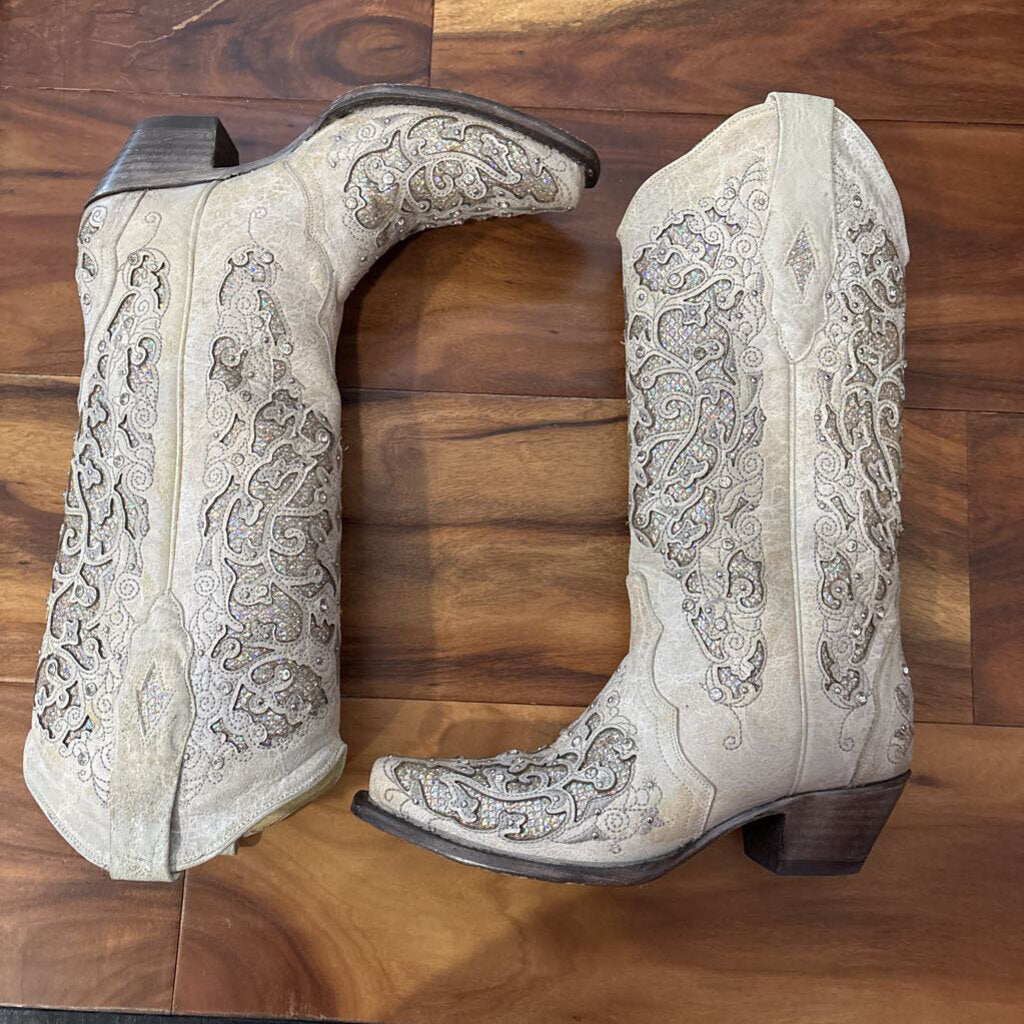 CORRAL,SPARKLE WESTERN BOOTS,CREAM,6.5