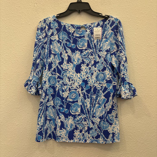 LILLY PULITZER,PATTERNED RUFFLE SLVE TOP ,BLUE/WHT ,S