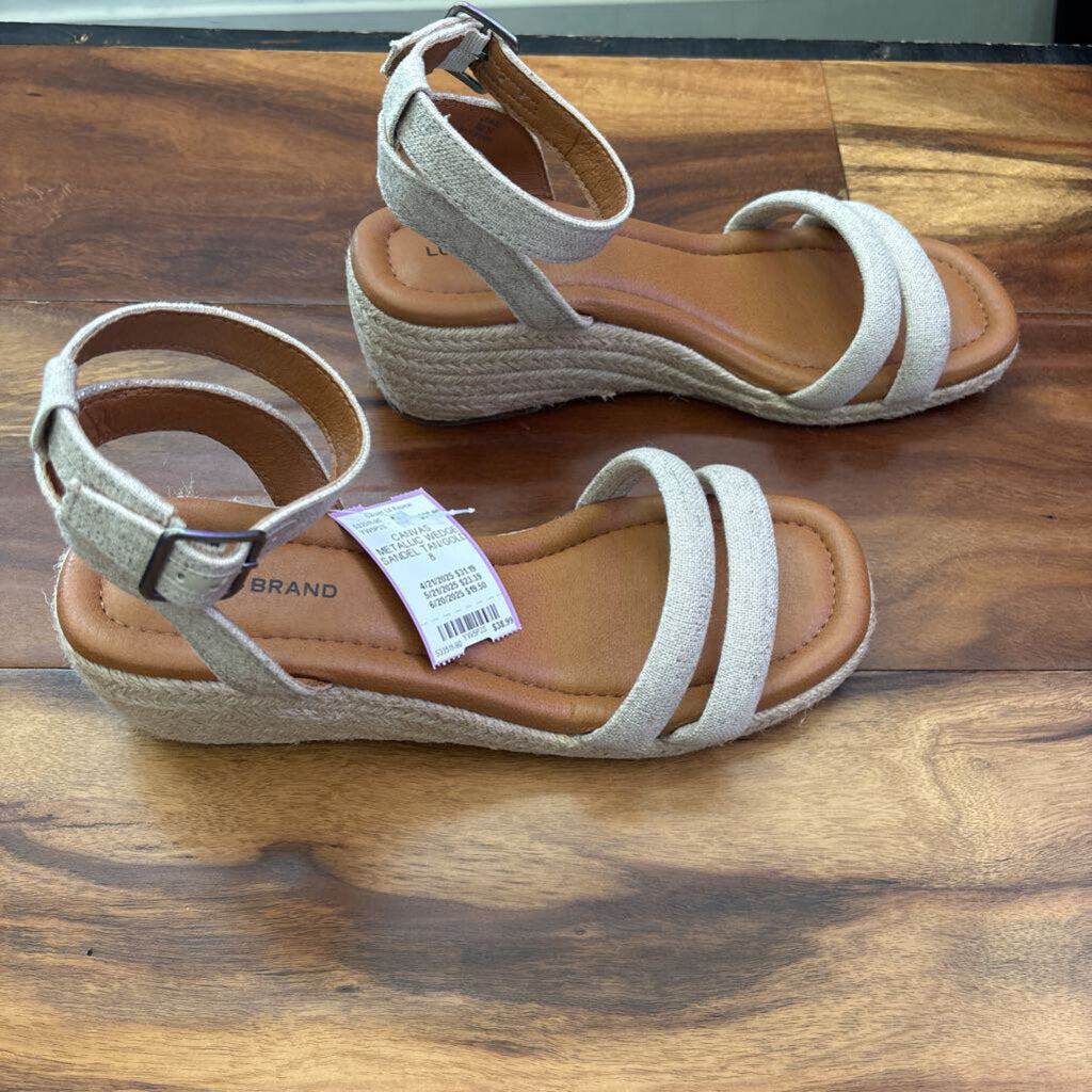 LUCKY BRAND,CANVAS METALLIC WEDGE SANDEL,TAN/GOLD,8