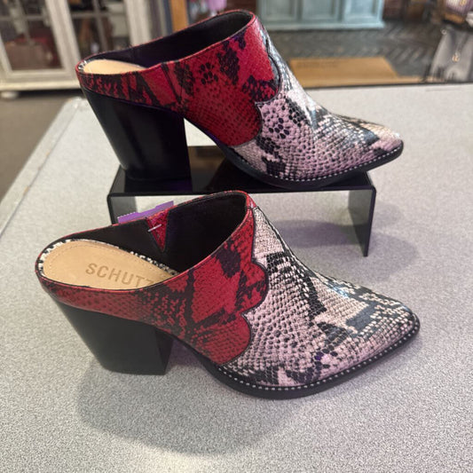 SCHUTZ,ANIMAL PRINT SLIPOM BOOTIE ,BLK/WHT/RED ,8.5