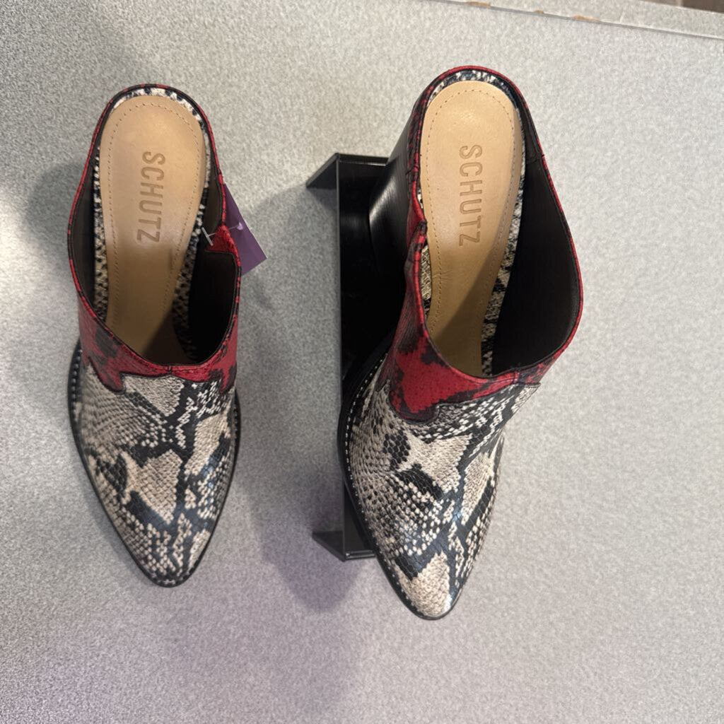 SCHUTZ,ANIMAL PRINT SLIPOM BOOTIE ,BLK/WHT/RED ,8.5