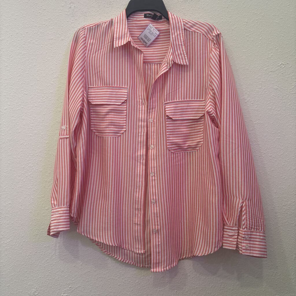 VELVET HEART,STRIPED BUTTON UP TOP,ORANGE WHITE,L