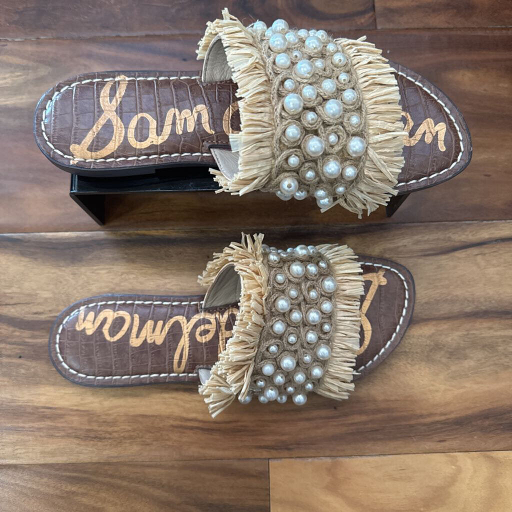 SAM EDELMAN,PEARL WICKER SANDAL ,TAN/WHT,8