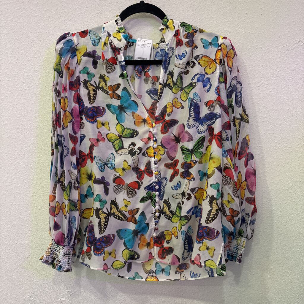ALICE & OLIVIA,SHEER BUTTERFLY TOP,MULTI,L