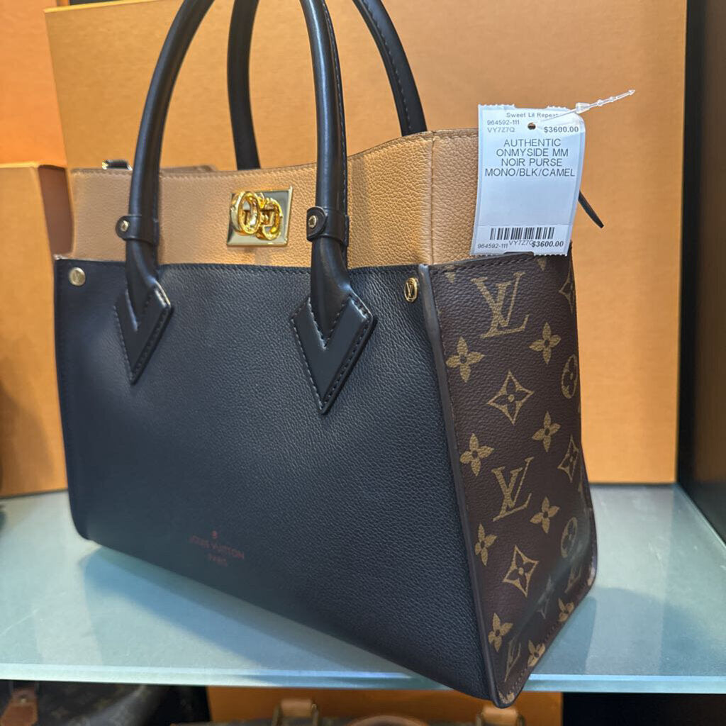 Louis Vuitton,AUTHENTIC ONMYSIDE MM NOIR PURSE,MONO/BLK/CAMEL