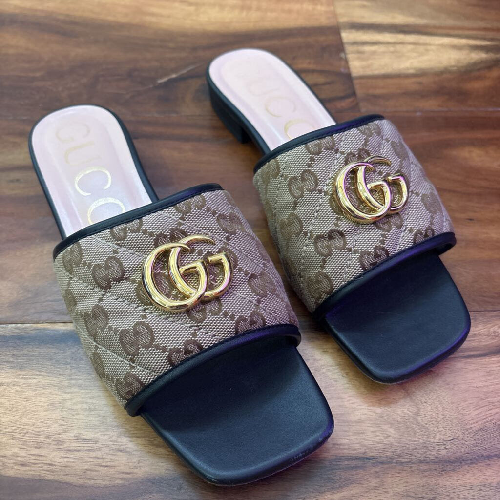 GUCCI,AUTHENTIC JOLIE LEATHER TRIMMED EMBELLISHED CANVAS SLIDES