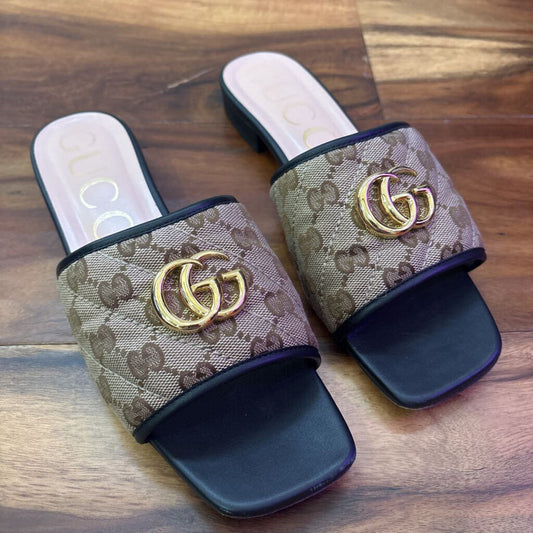GUCCI,AUTHENTIC JOLIE LEATHER TRIMMED EMBELLISHED CANVAS SLIDES