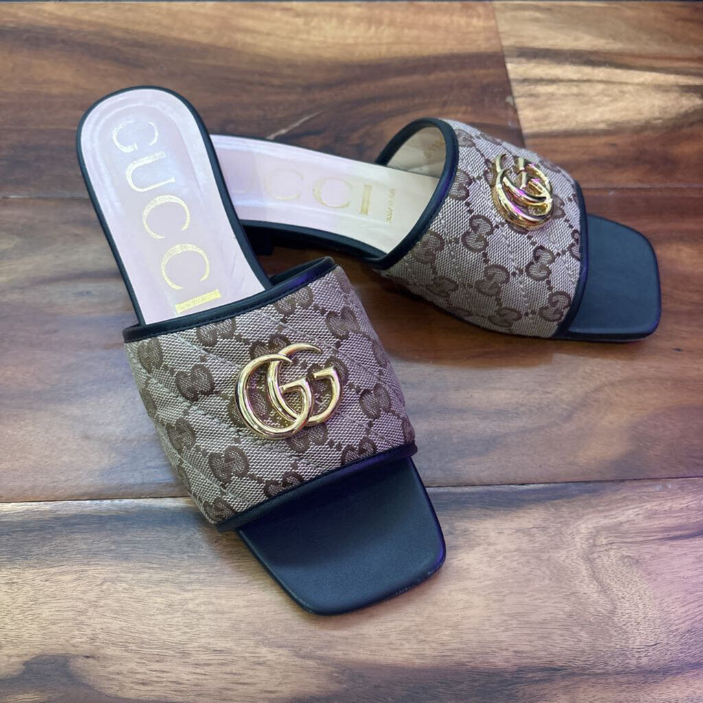 GUCCI,AUTHENTIC JOLIE LEATHER TRIMMED EMBELLISHED CANVAS SLIDES