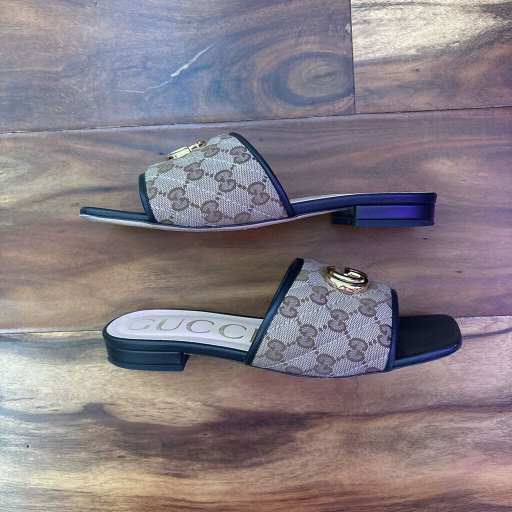 GUCCI,AUTHENTIC JOLIE LEATHER TRIMMED EMBELLISHED CANVAS SLIDES