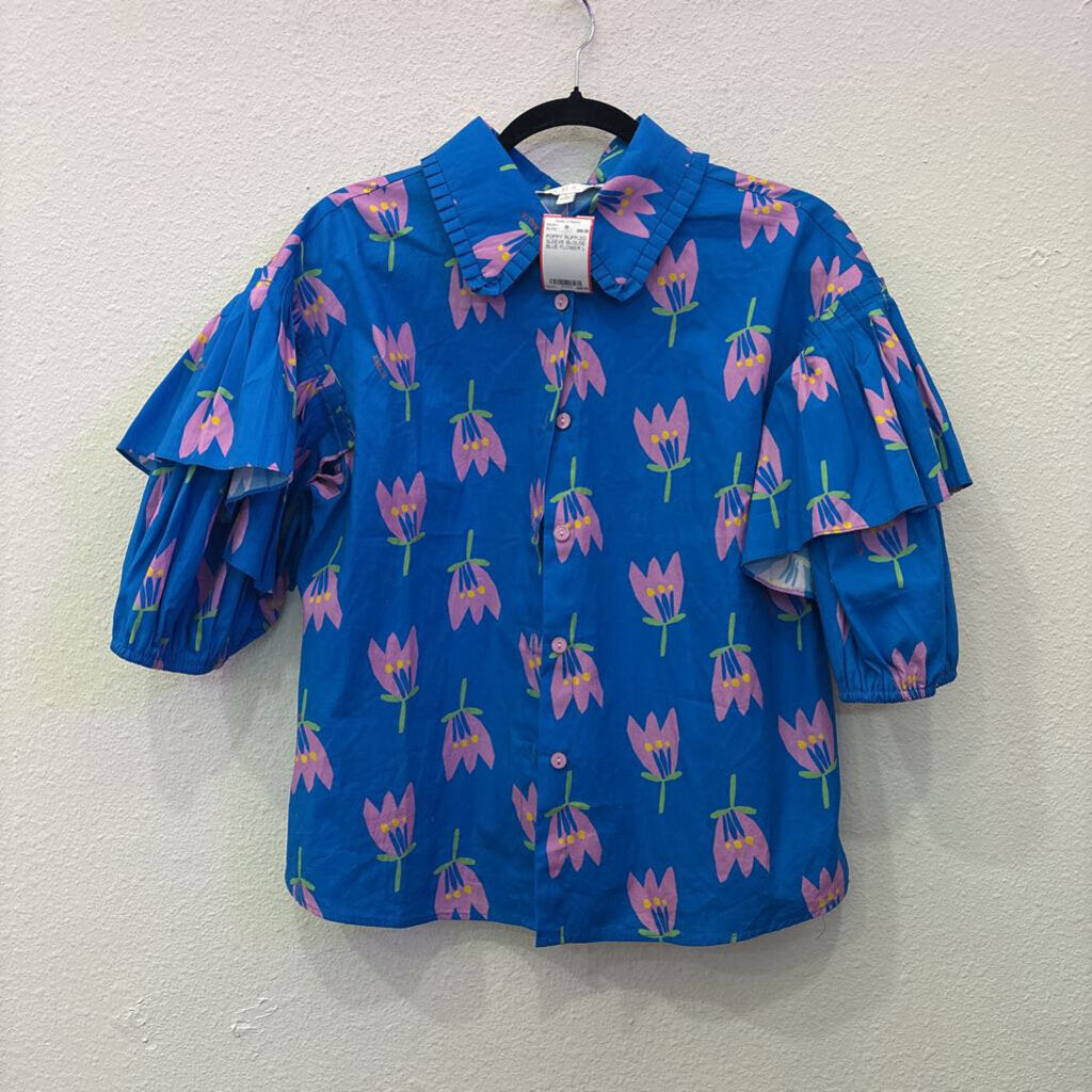KARLIE,POPPY RUFFLED SLEEVE BLOUSE,BLUE FLOWER,L