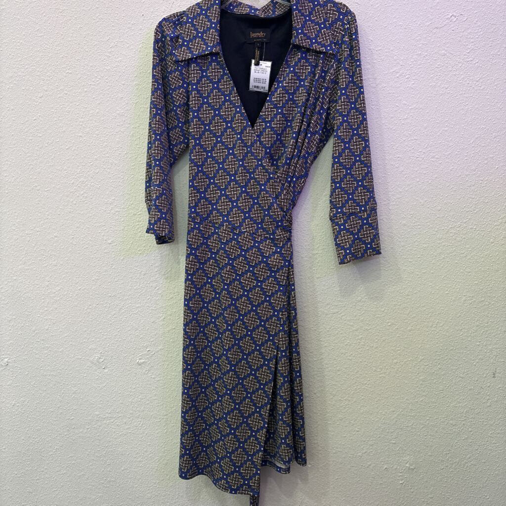 LAUNDRY,PATTERNED WRAP DRESS ,BLUE/TAN,S