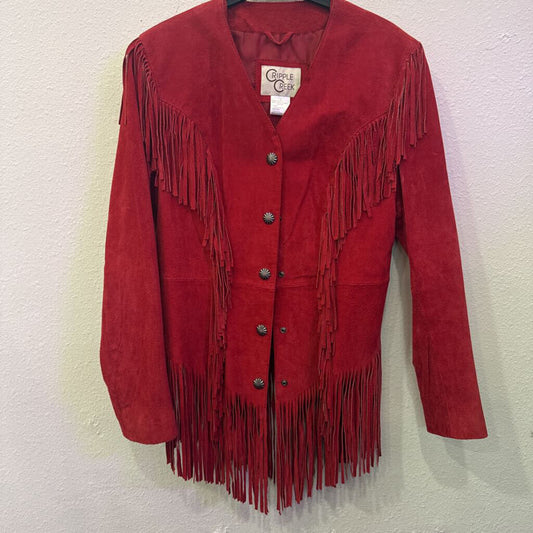 CRIPPLE CREEK,CC VINTAGE LEATHER FRINGE JACKET ,RED ,L