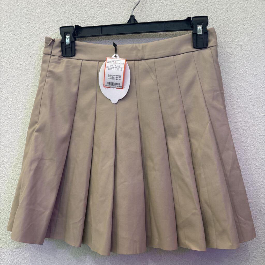 SWEET LEMON,NWT FAUX LEATHER PLEATED SKIRT ,TAN ,S