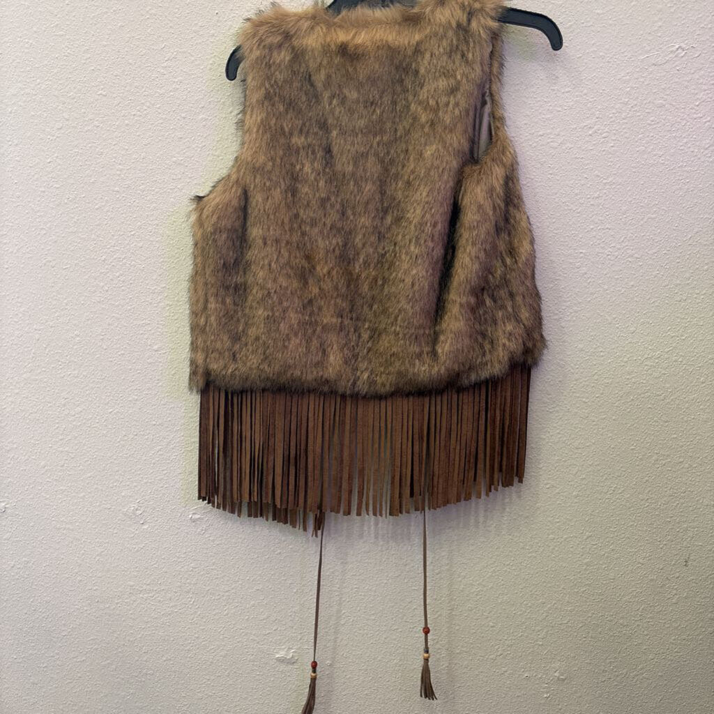 EARTHBOUND,FAUX FUR FRINGE JACKET ,BROWN ,S