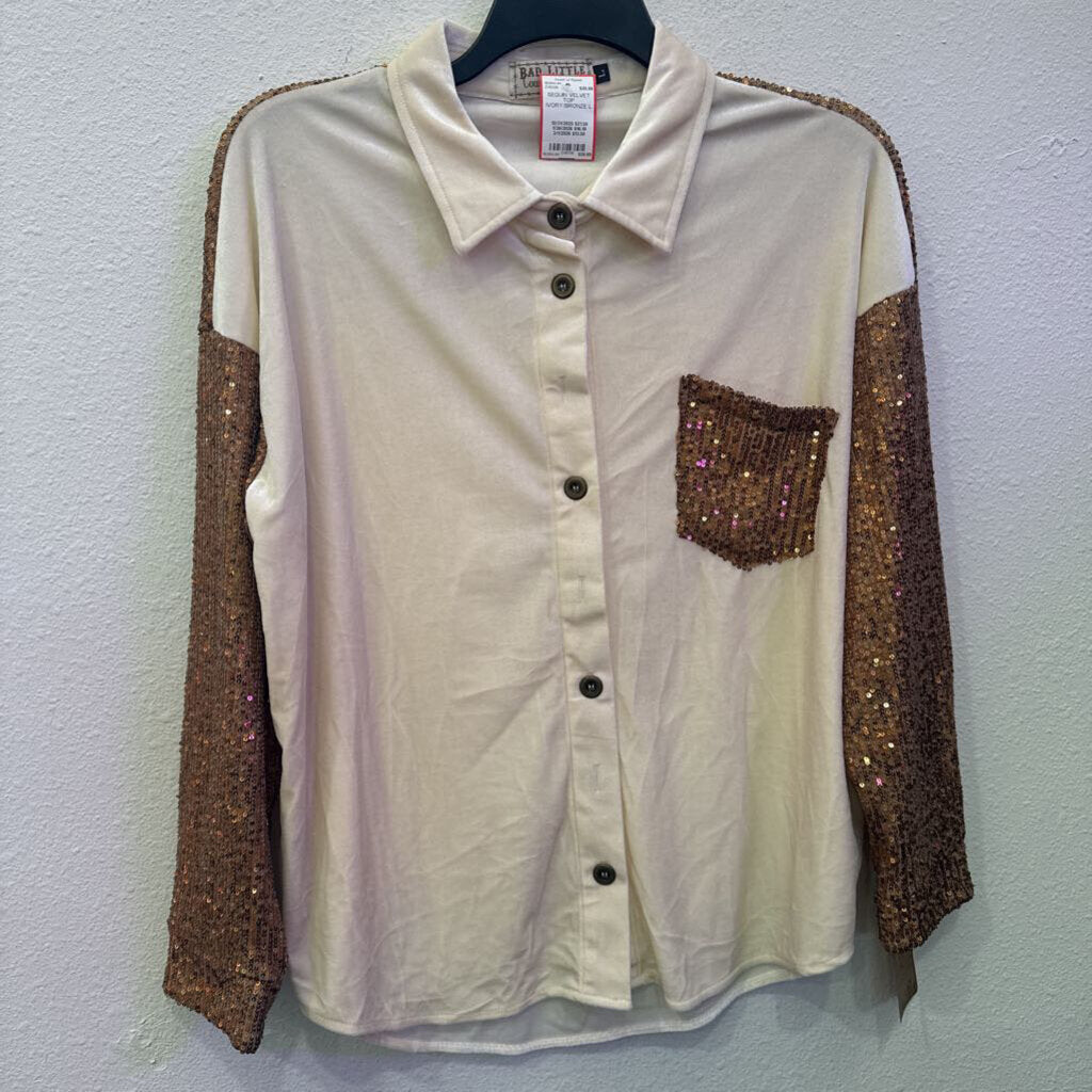 BAD LITTLE COUNTRY GIRL,SEQUIN VELVET TOP ,IVORY/BRONZE,L