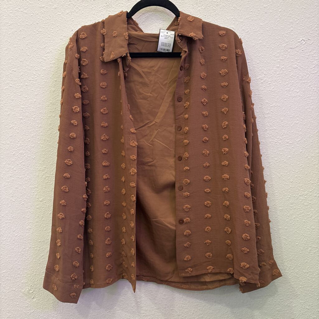 NO BRAND,POMPOM BUTTONUP TOP ,BRN,L