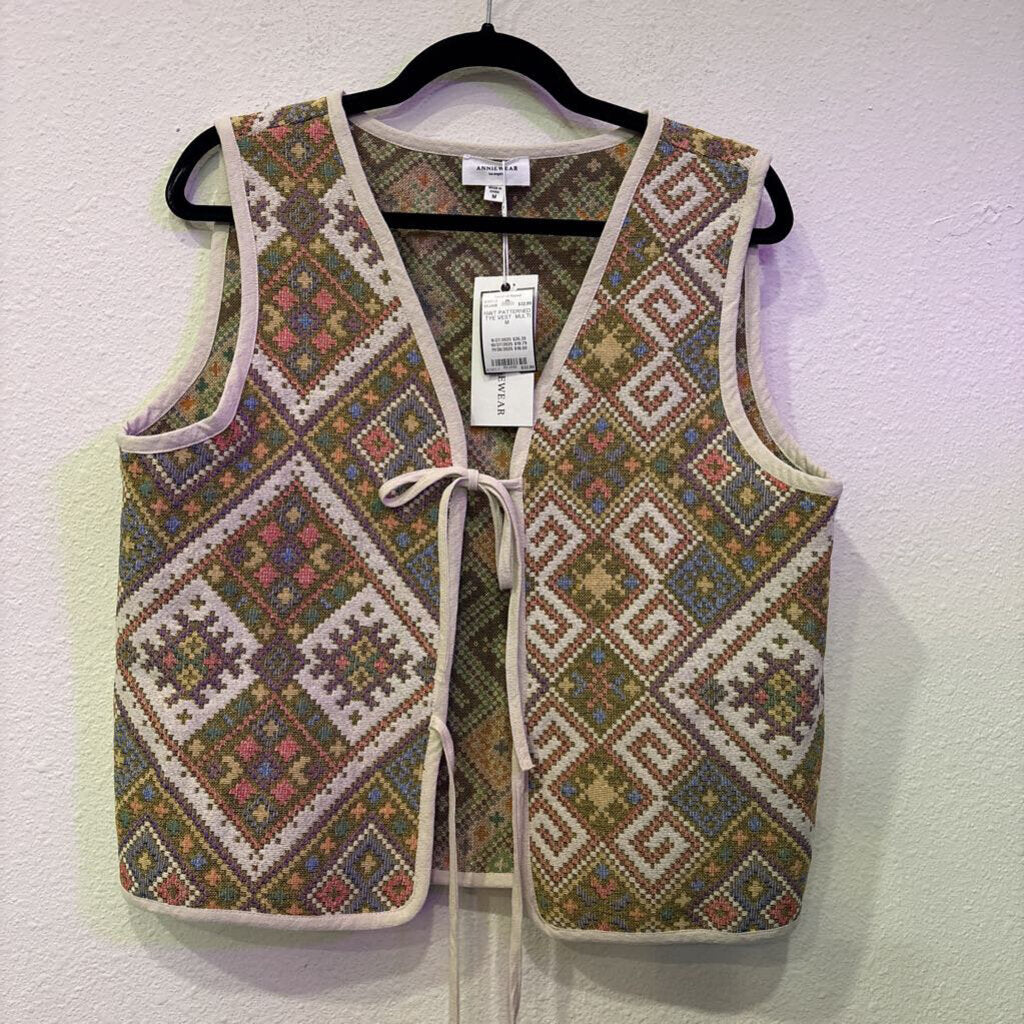 ANNIE WEAR,NWT PATTERNED TYE VEST ,MULTI,M