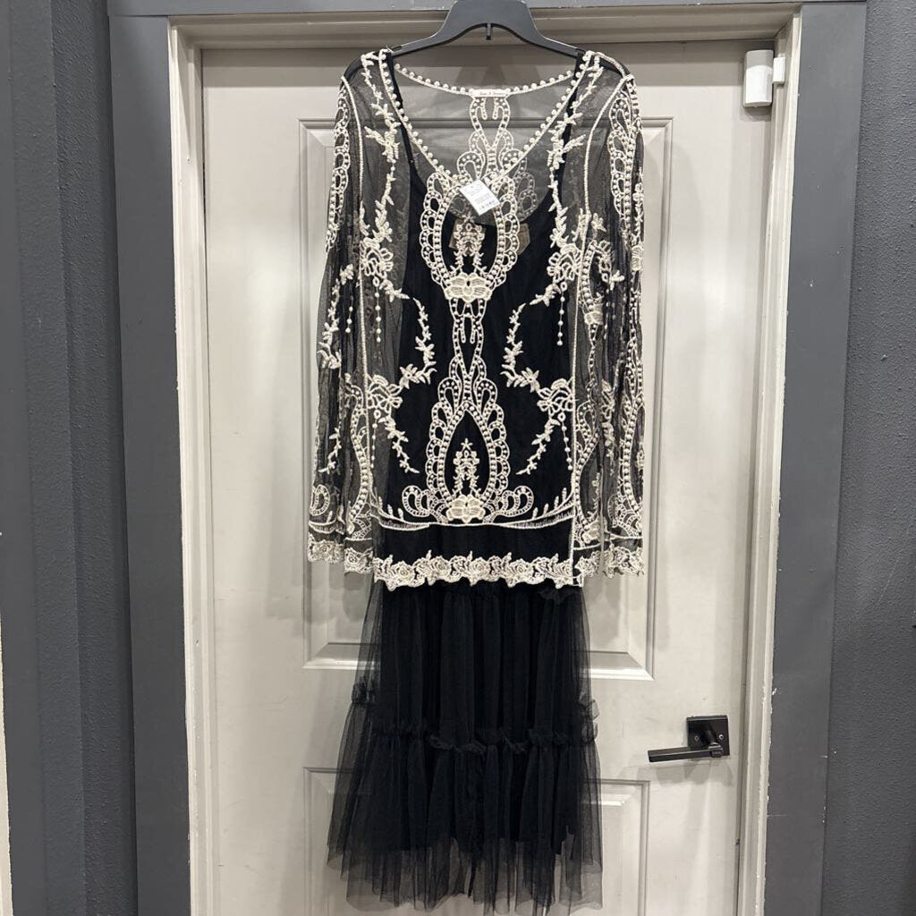 A RARE BIRD,TULLE LACE 2PC TANK DRESS,BLK/WHT,L