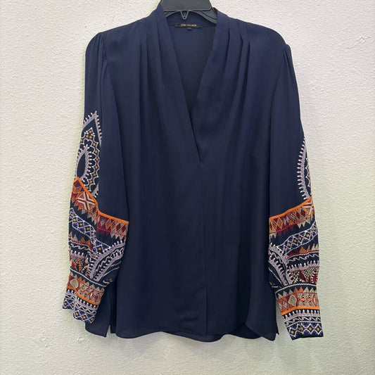 KOBI HALPERIN,PATTERNED SLVE SHEER TOP ,NVY/MULTI,L