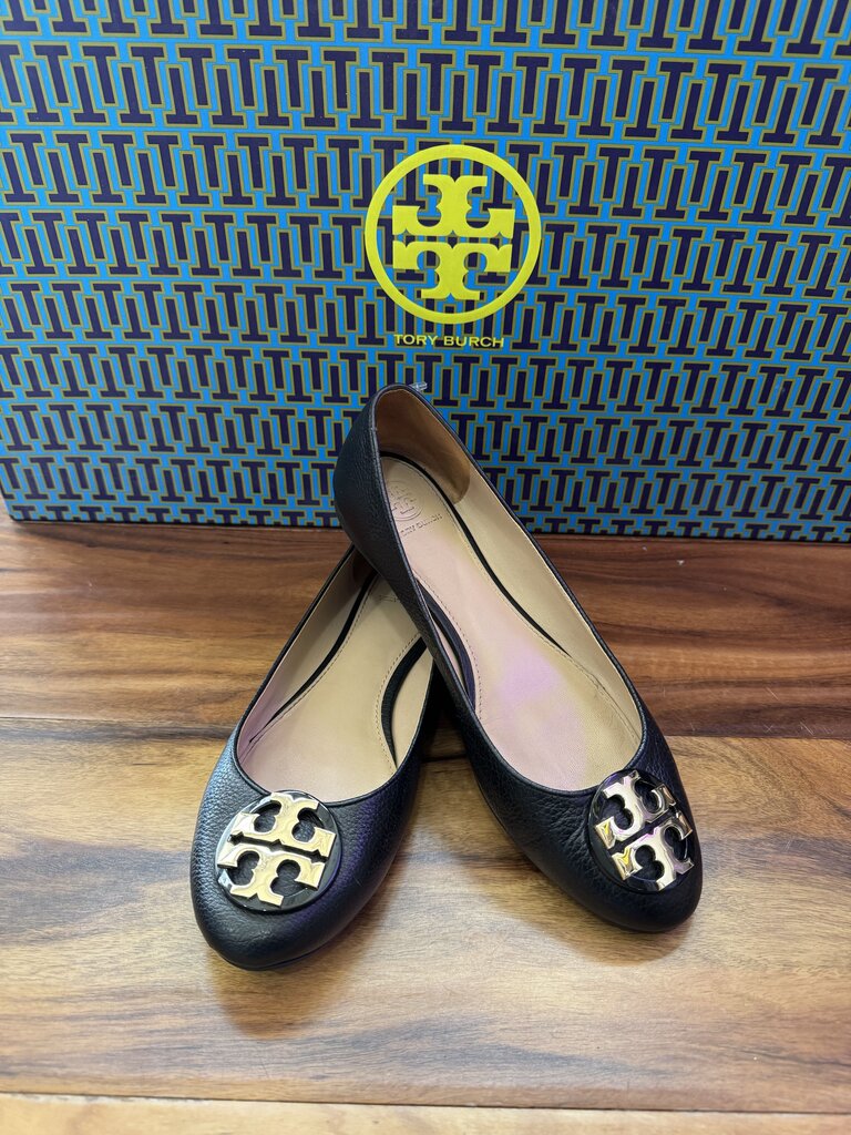 TORY BURCH,LEATHER BALLET FLAT ,BLK/GOLD,9