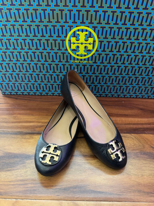 TORY BURCH,LEATHER BALLET FLAT ,BLK/GOLD,9