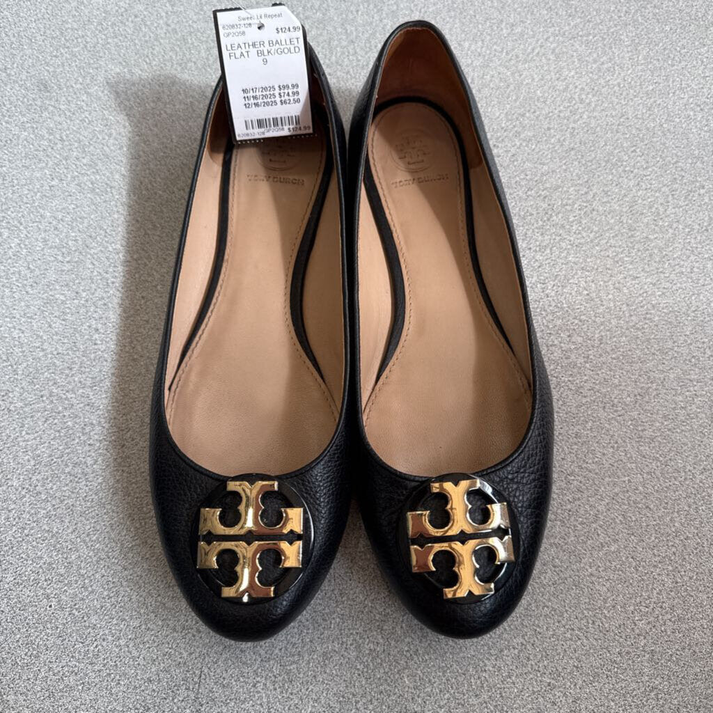 TORY BURCH,LEATHER BALLET FLAT ,BLK/GOLD,9