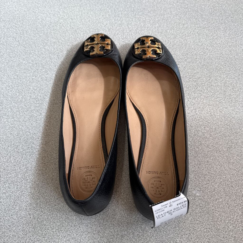 TORY BURCH,LEATHER BALLET FLAT ,BLK/GOLD,9