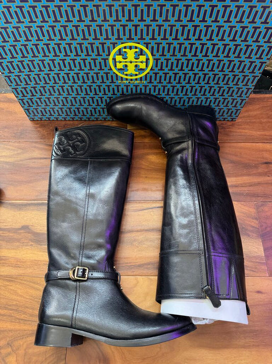 TORY BURCH,LEATHER RIDING BOOT ,BLK /GOLD,9