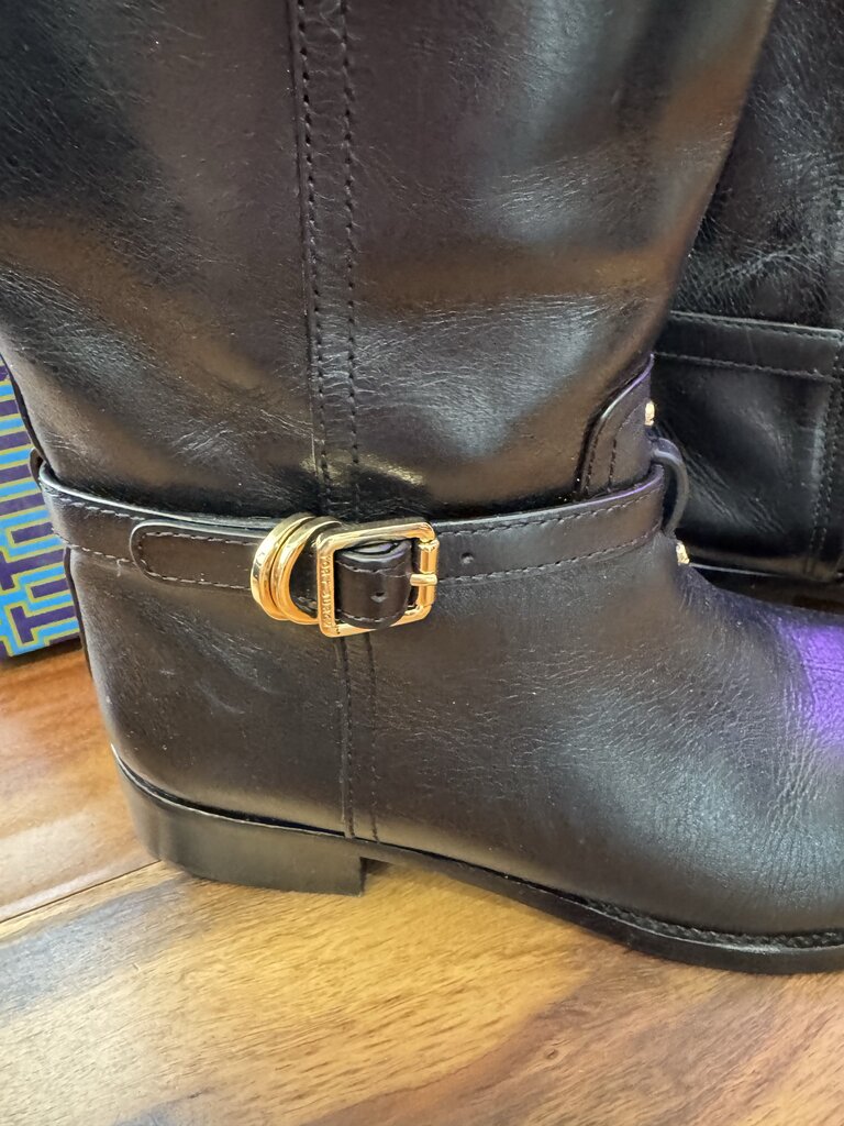TORY BURCH,LEATHER RIDING BOOT ,BLK /GOLD,9
