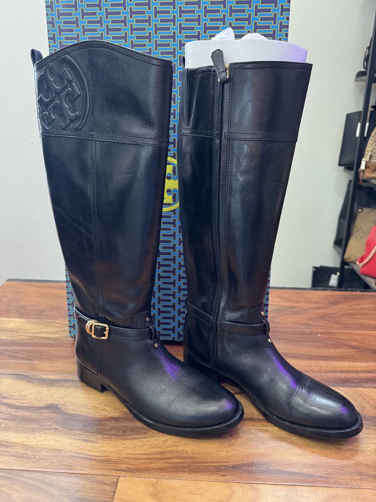 TORY BURCH,LEATHER RIDING BOOT ,BLK /GOLD,9