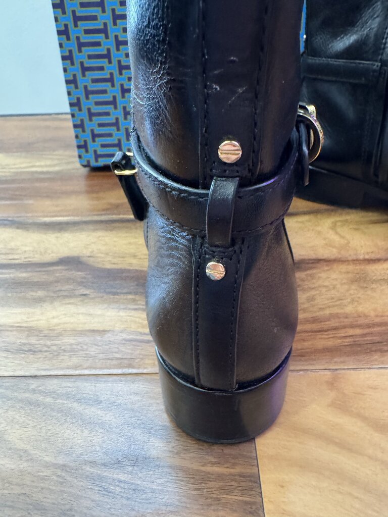 TORY BURCH,LEATHER RIDING BOOT ,BLK /GOLD,9