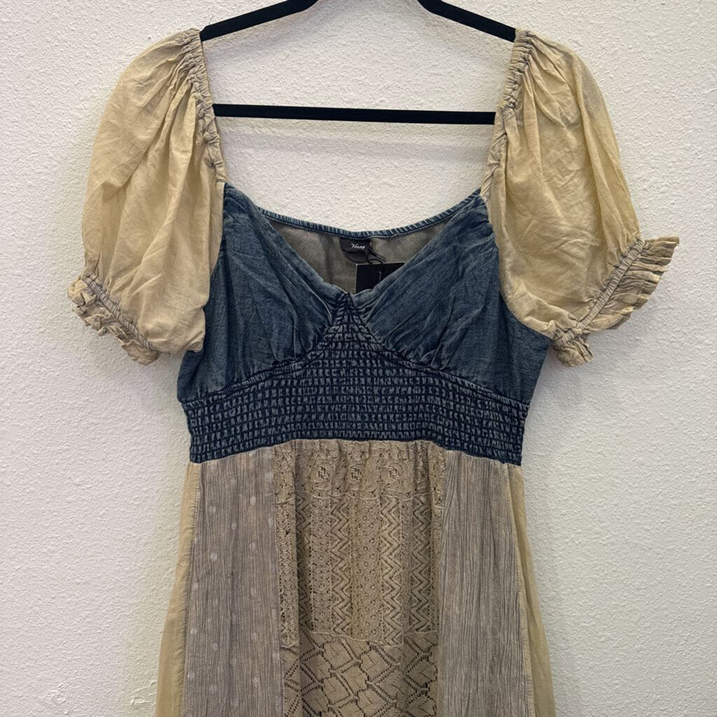 YOUNG THREADS,NWT BOHO RUFFLE DRESS ,BLUE TAN,M