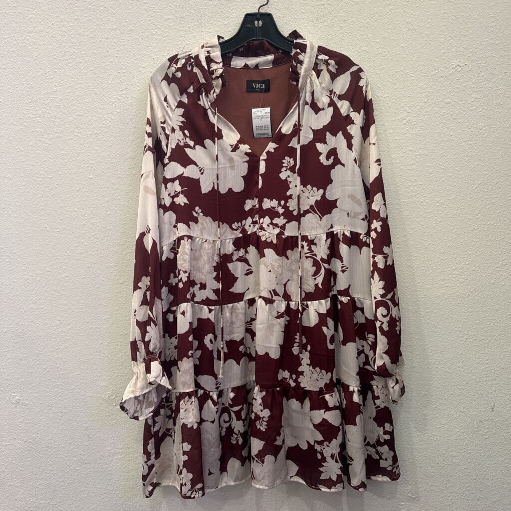 VICI,FLORAL RUFFLE DRESS ,BRN WHT ,S