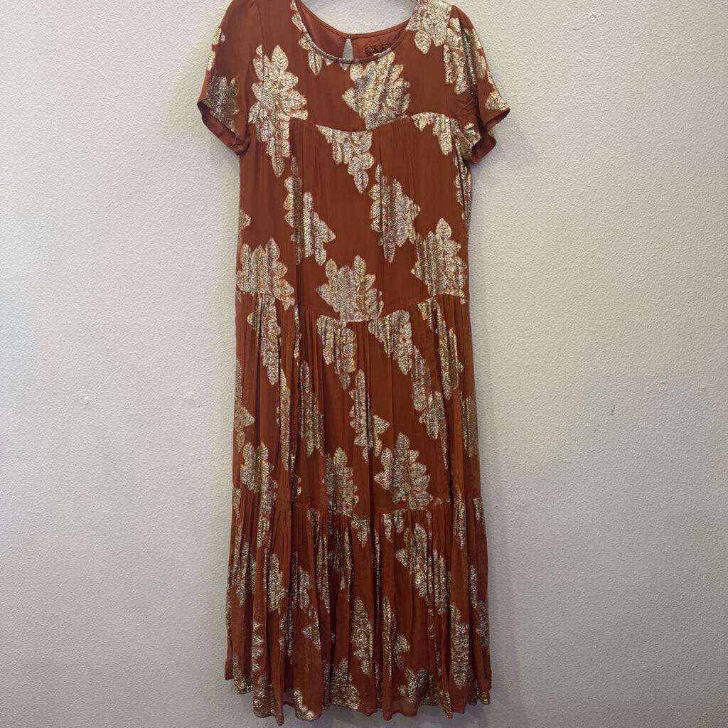 ANTHROPOLOGIE,NWT FLORAL TIERED DRESS ,RUST GOLD ,S
