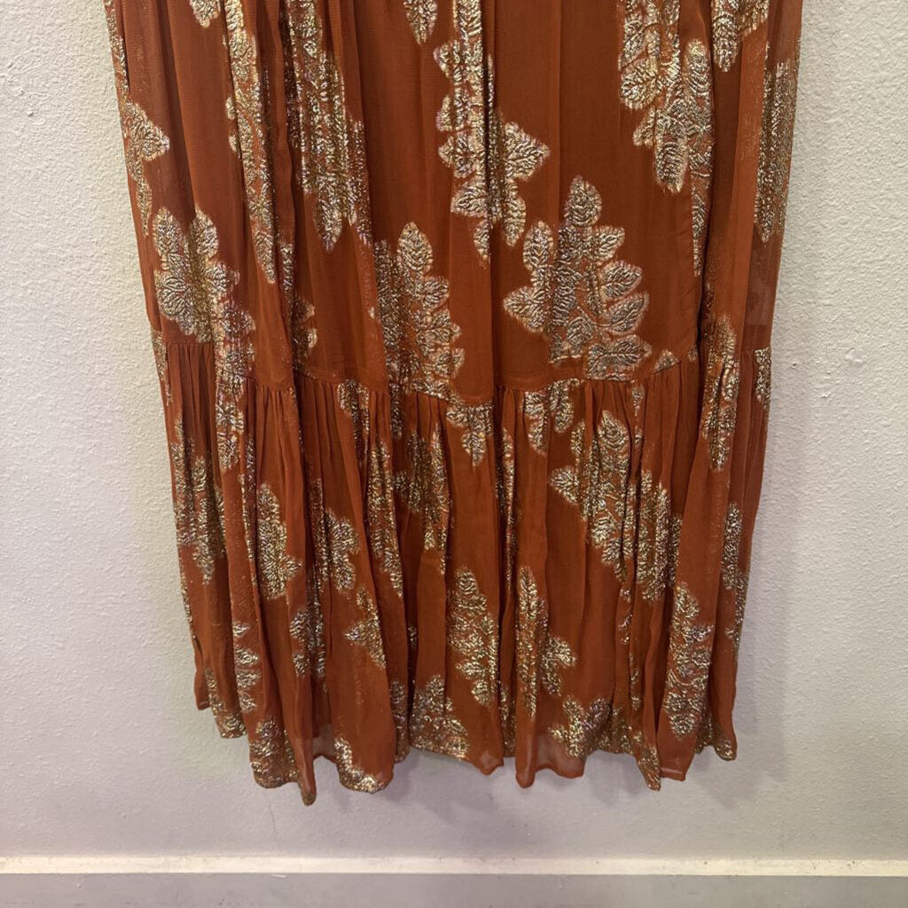 ANTHROPOLOGIE,NWT FLORAL TIERED DRESS ,RUST GOLD ,S